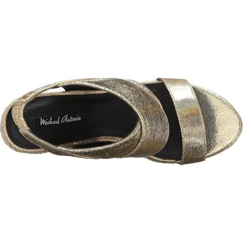 Michael Antonio Gerey Met Metallic Gold Strappy Espadrille Open Toe Wedge Size 9